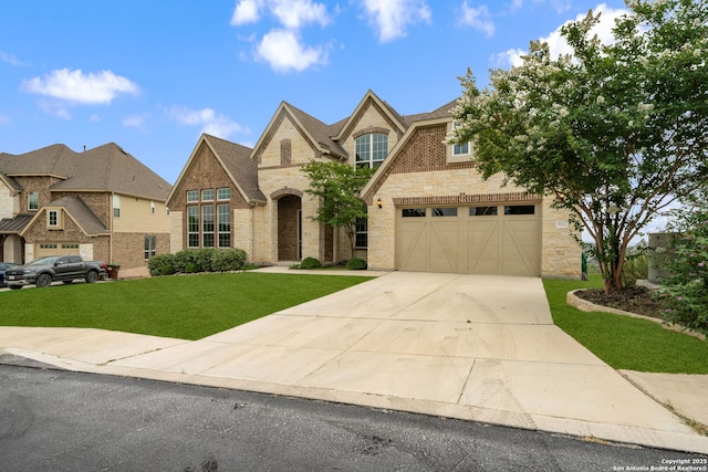 3122 Running Fawn, San Antonio, TX 78261 - french country home featuring stone siding, concrete driveway, a front yard, and an attached garage