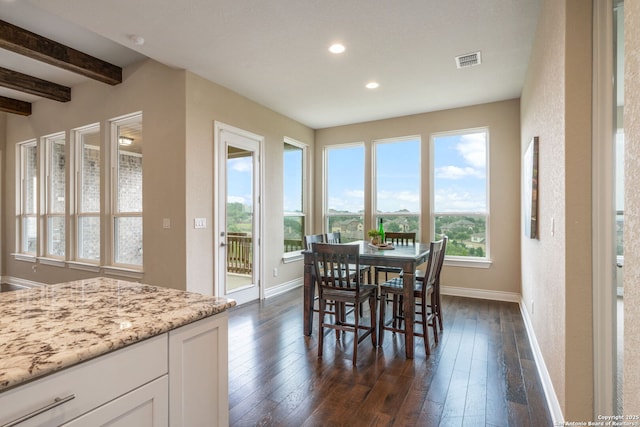 3122 Running Fawn, San Antonio, TX 78261 - dining room featuring baseboards, beamed ceiling, dark wood-style floors, and recessed lighting