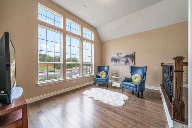 3122 Running Fawn, San Antonio, TX 78261 - living area featuring baseboards, dark wood-type flooring, and lofted ceiling