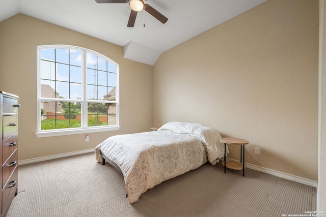 3122 Running Fawn, San Antonio, TX 78261 - bedroom featuring vaulted ceiling, baseboards, carpet, and a ceiling fan