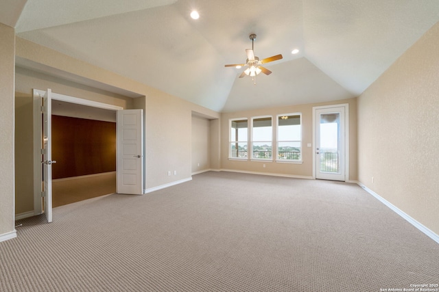 3122 Running Fawn, San Antonio, TX 78261 - empty room with ceiling fan, light carpet, vaulted ceiling, baseboards, and recessed lighting