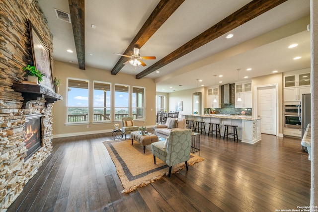3122 Running Fawn, San Antonio, TX 78261 - living room featuring beam ceiling, dark wood-style floors, baseboards, a ceiling fan, and recessed lighting