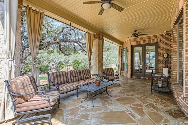 12424 Andice, Helotes, TX 78023 - view of patio / terrace featuring french doors, ceiling fan, and an outdoor living space