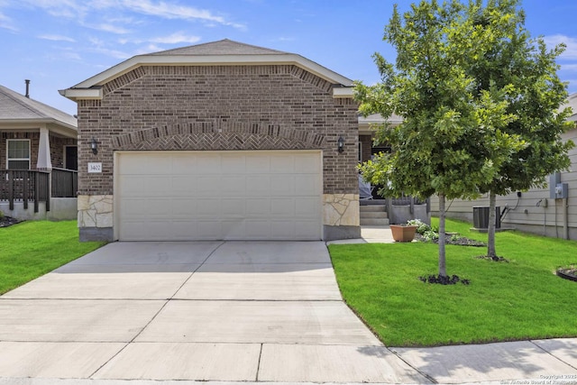 3402 Red Fls, San Antonio, TX 78253 - view of front facade with brick siding, concrete driveway, stone siding, a front lawn, and central air condition unit