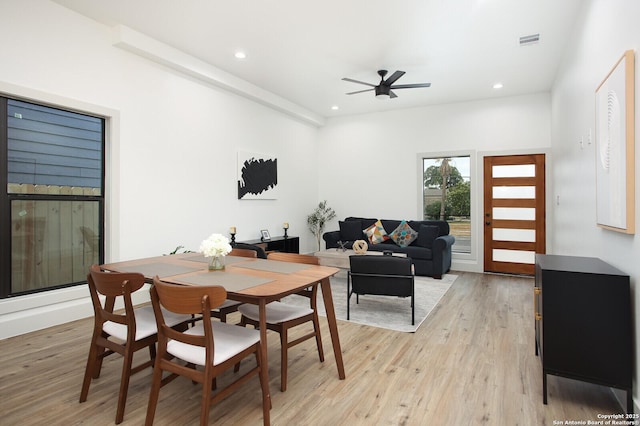 321 Porter St, San Antonio, TX 78210 - dining area with light wood finished floors, a ceiling fan, and recessed lighting