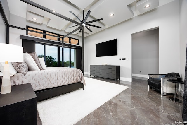25003 Miranda Rdg, Boerne, TX 78006 - bedroom with baseboards, marble tiled floors, recessed lighting, and beamed ceiling