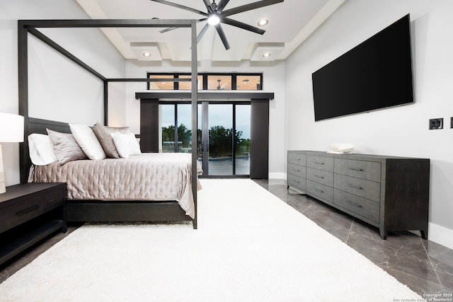 25003 Miranda Rdg, Boerne, TX 78006 - bedroom with access to exterior, marble tiled floors, recessed lighting, and baseboards