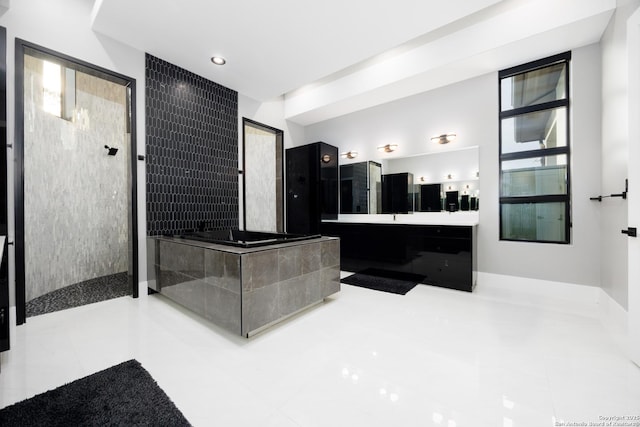 25003 Miranda Rdg, Boerne, TX 78006 - bathroom featuring vanity, walk in shower, and tile patterned flooring