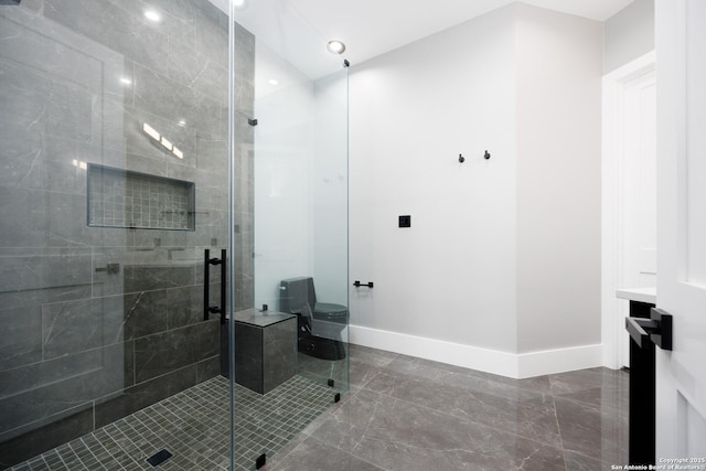 25003 Miranda Rdg, Boerne, TX 78006 - full bathroom with vanity, a stall shower, baseboards, and marble finish floors