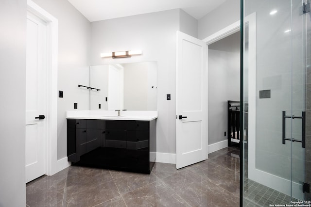 25003 Miranda Rdg, Boerne, TX 78006 - full bathroom with marble tiled floors, vanity, a shower stall, and baseboards