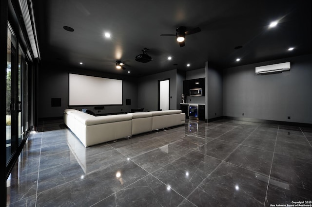 25003 Miranda Rdg, Boerne, TX 78006 - cinema room with a wall mounted air conditioner, ceiling fan, baseboards, marble tiled floors, and recessed lighting