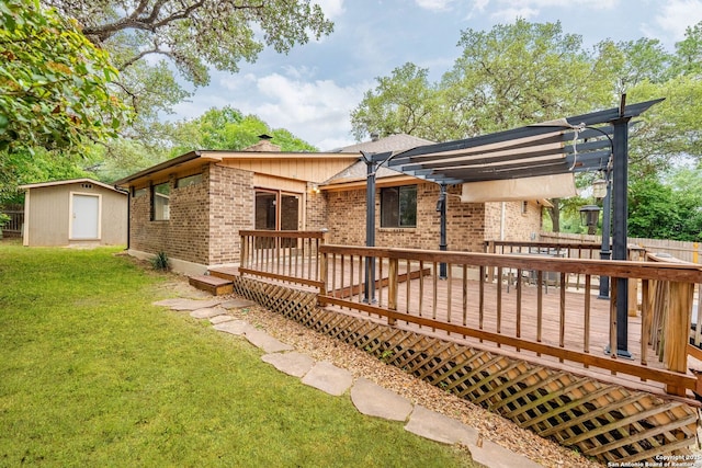 19739 Encino Way, San Antonio, TX 78259 - back of house with brick siding, a pergola, a wooden deck, and a chimney