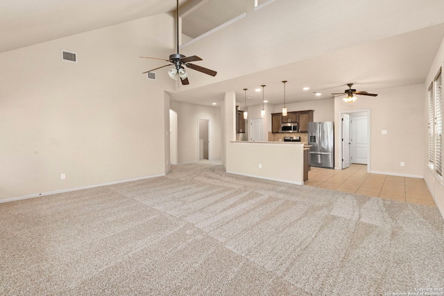 6031 Diego, San Antonio, TX 78253 - unfurnished living room featuring a ceiling fan, light colored carpet, recessed lighting, baseboards, and light tile patterned floors