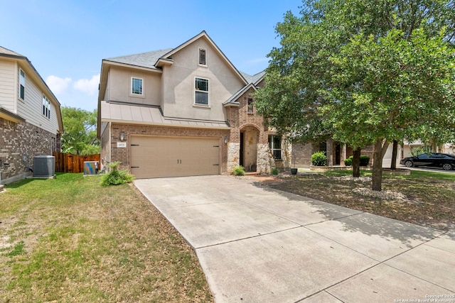 6031 Diego, San Antonio, TX 78253 - view of front facade with central air condition unit, a garage, concrete driveway, a standing seam roof, and brick siding