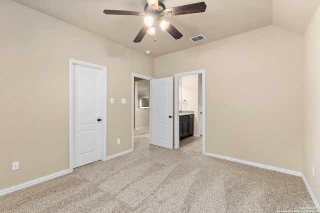 6031 Diego, San Antonio, TX 78253 - unfurnished bedroom with light carpet, baseboards, connected bathroom, lofted ceiling, and ceiling fan