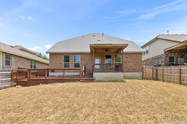 6031 Diego, San Antonio, TX 78253 - rear view of house with ceiling fan, brick siding, a deck, and roof with shingles