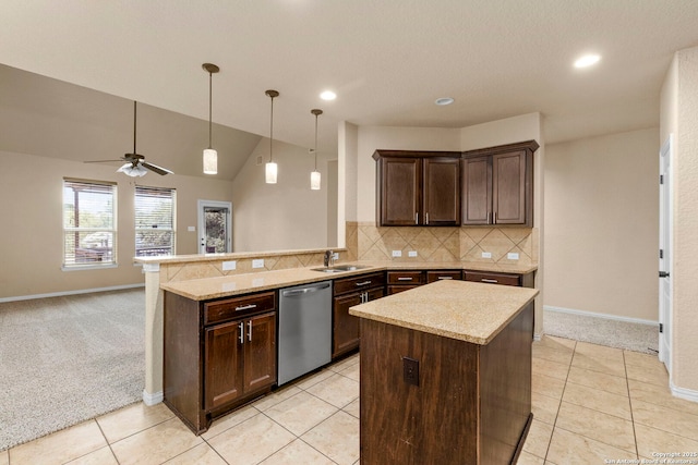 6031 Diego, San Antonio, TX 78253 - kitchen with stainless steel dishwasher, a sink, dark brown cabinetry, recessed lighting, and a peninsula