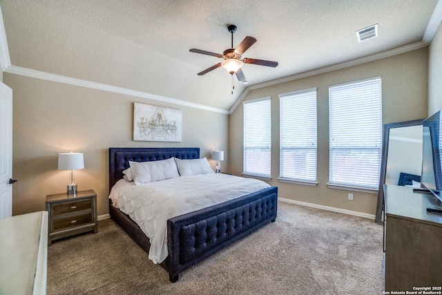 4522 Amos Pollard, San Antonio, TX 78253 - bedroom featuring carpet flooring, ornamental molding, a textured ceiling, ceiling fan, and vaulted ceiling