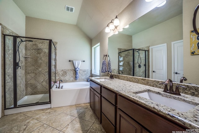 4522 Amos Pollard, San Antonio, TX 78253 - bathroom with a bath, double vanity, a shower stall, and lofted ceiling