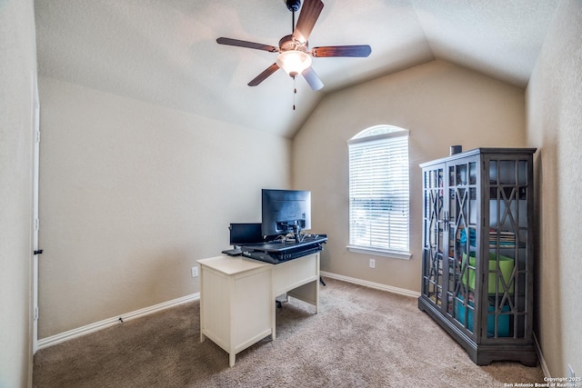 4522 Amos Pollard, San Antonio, TX 78253 - carpeted office space featuring lofted ceiling, a ceiling fan, baseboards, and a textured ceiling