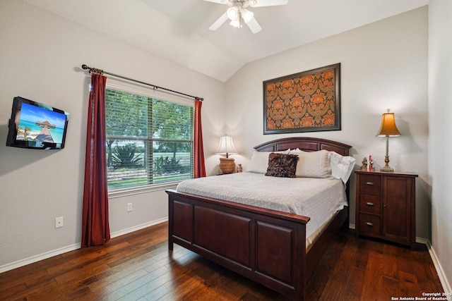 2756 Indian Wls, Kerrville, TX 78028 - bedroom with vaulted ceiling, baseboards, dark wood-style flooring, and a ceiling fan