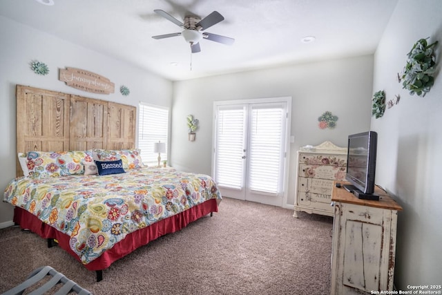 239 Damar Cv, Canyon Lake, TX 78133 - carpeted bedroom with access to exterior and ceiling fan