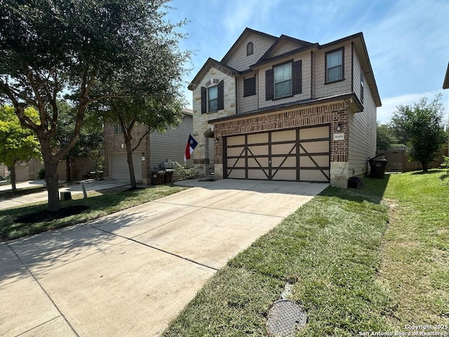 9819 Hawk Shr, Converse, TX 78109 - view of front of home with a garage, a front lawn, concrete driveway, stone siding, and brick siding