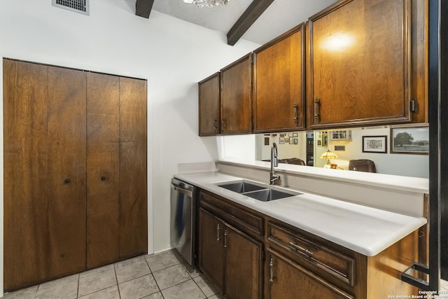 4722 Paradise Woods, San Antonio, TX 78249 - kitchen featuring stainless steel dishwasher, a sink, beam ceiling, light countertops, and light tile patterned floors