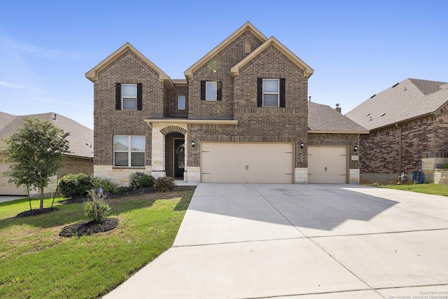 313 Canon Hill, Spring Branch, TX 78070 - traditional-style home featuring brick siding, driveway, a front yard, and stone siding