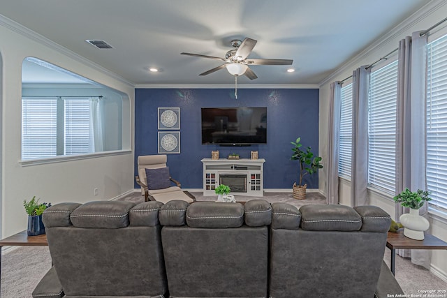 15166 Orpheus Way, San Antonio, TX 78245 - living room featuring a ceiling fan, healthy amount of natural light, crown molding, baseboards, and recessed lighting