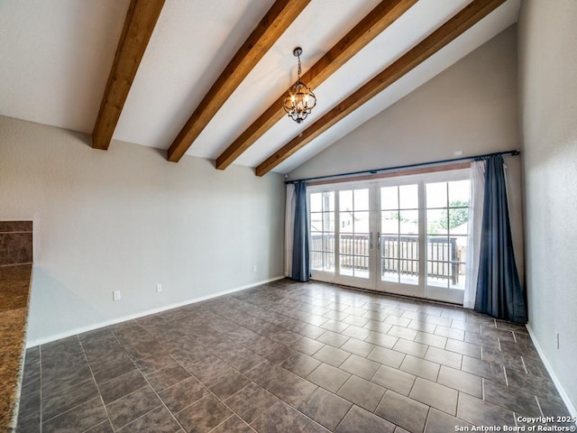 7010 Aphrodite Mist, San Antonio, TX 78252 - unfurnished living room featuring a chandelier, baseboards, french doors, and dark tile patterned flooring