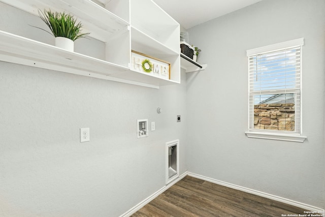 9304 Aggie Run, San Antonio, TX 78254 - laundry area with hookup for a washing machine, electric dryer hookup, dark wood-style floors, and baseboards