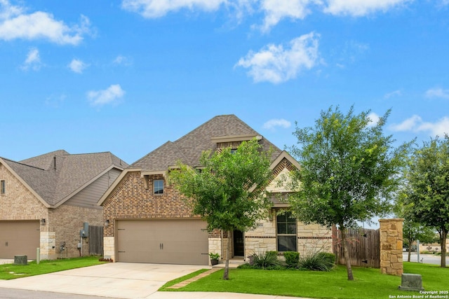 9304 Aggie Run, San Antonio, TX 78254 - view of front of house with concrete driveway, brick siding, a garage, roof with shingles, and stone siding