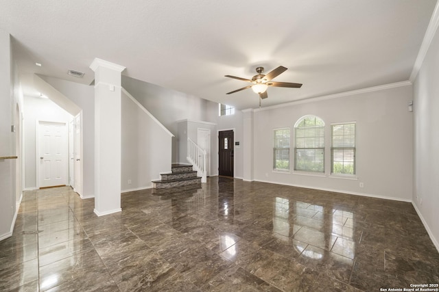 2606 Montebello, San Antonio, TX 78259 - foyer entrance with baseboards, ceiling fan, stairway, and ornamental molding