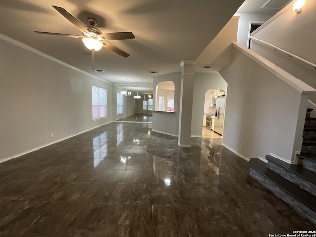 2606 Montebello, San Antonio, TX 78259 - unfurnished living room featuring crown molding, a ceiling fan, arched walkways, baseboards, and stairs