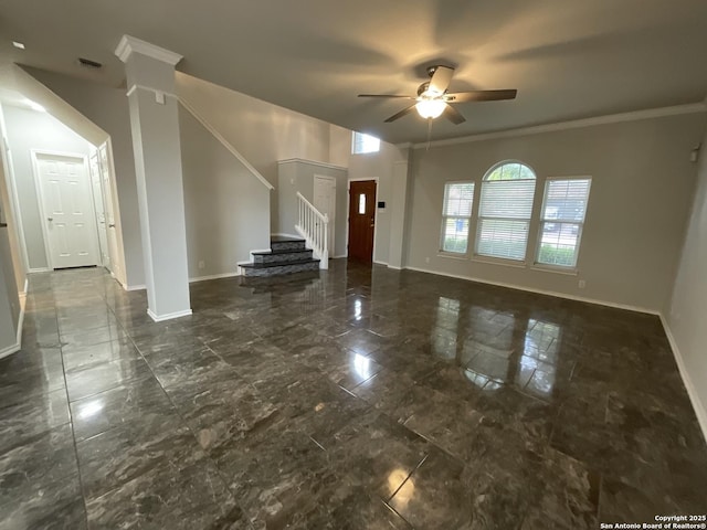 2606 Montebello, San Antonio, TX 78259 - unfurnished living room featuring ceiling fan, baseboards, stairs, and ornamental molding