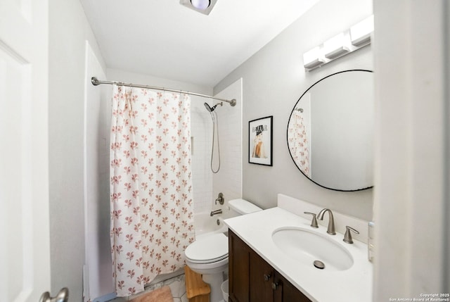 14201 Modesta Pl, San Antonio, TX 78247 - bathroom featuring toilet, vanity, shower / bath combination with curtain, and tile patterned floors