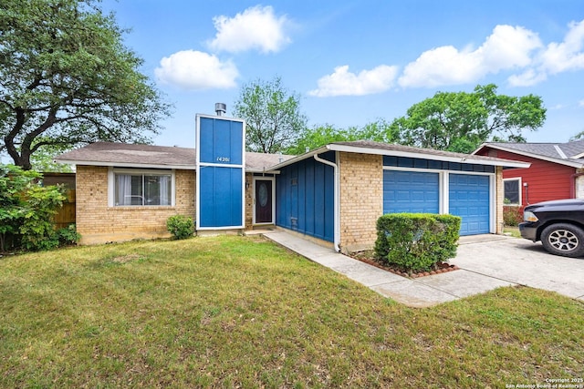 14201 Modesta Pl, San Antonio, TX 78247 - view of front of house with board and batten siding, driveway, brick siding, a shingled roof, and an attached garage