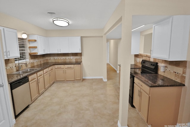 230 Tammy Dr, San Antonio, TX 78216 - kitchen with black range with electric stovetop, stainless steel dishwasher, open shelves, backsplash, and a sink