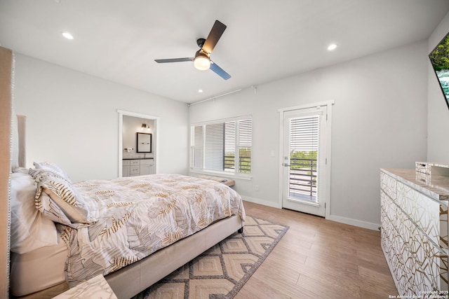 1226 Wyoming Unit 201, San Antonio, TX 78203 - bedroom with access to exterior, light wood-style floors, baseboards, recessed lighting, and ceiling fan