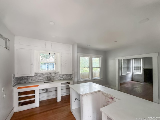 102 Benita, San Antonio, TX 78210 - kitchen with healthy amount of natural light, light countertops, dark wood-style flooring, and decorative backsplash