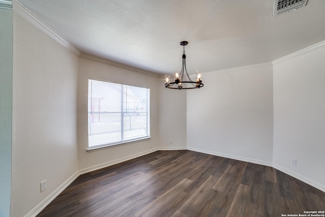 4335 Misty Spgs, San Antonio, TX 78244 - empty room with a chandelier, dark wood-type flooring, crown molding, baseboards, and a textured ceiling