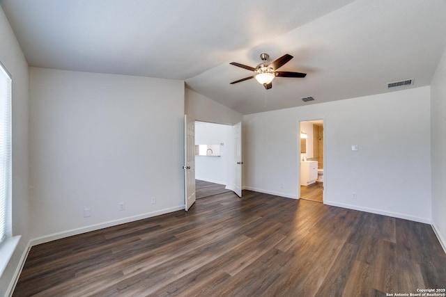 4335 Misty Spgs, San Antonio, TX 78244 - spare room with ceiling fan, dark wood finished floors, baseboards, and lofted ceiling