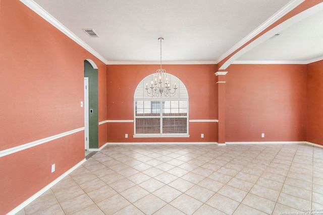 2610 Plum Holw, San Antonio, TX 78258 - unfurnished room with arched walkways, ornamental molding, light tile patterned flooring, a chandelier, and baseboards