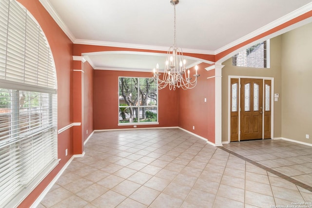 2610 Plum Holw, San Antonio, TX 78258 - empty room featuring light tile patterned floors, a chandelier, crown molding, baseboards, and arched walkways