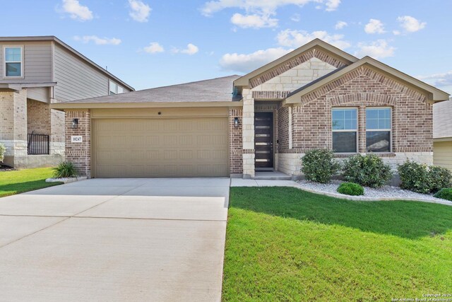 10247 Juniper Oaks, Boerne, TX 78006 - view of front of house with brick siding, an attached garage, a front lawn, and concrete driveway