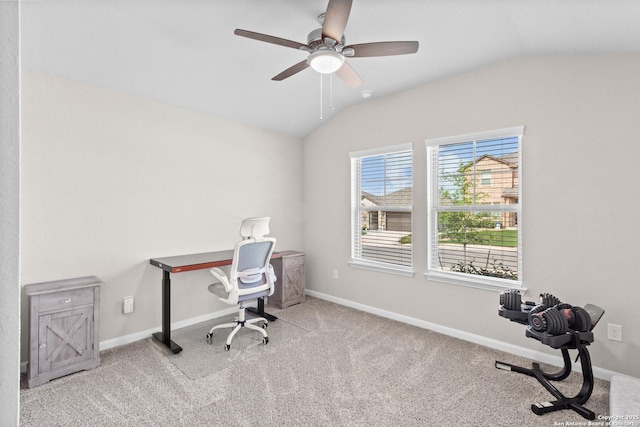 10247 Juniper Oaks, Boerne, TX 78006 - unfurnished office featuring lofted ceiling, a ceiling fan, carpet, and baseboards