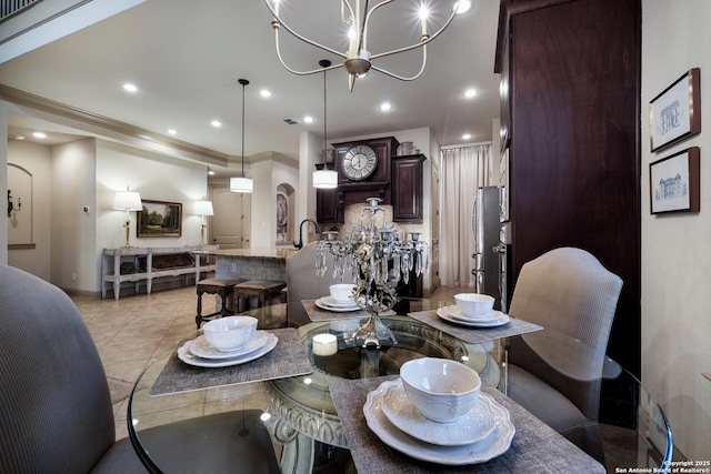 26019 Red Heron, San Antonio, TX 78261 - dining area featuring ornamental molding, light tile patterned flooring, a chandelier, recessed lighting, and baseboards