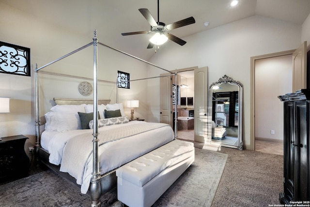 26019 Red Heron, San Antonio, TX 78261 - bedroom with vaulted ceiling, carpet floors, ensuite bathroom, and a ceiling fan