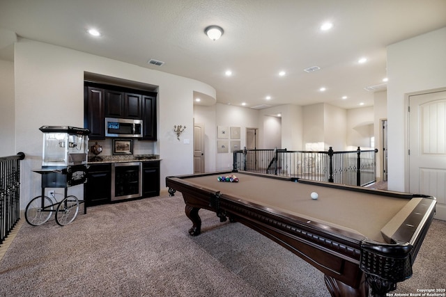 26019 Red Heron, San Antonio, TX 78261 - rec room with wine cooler, light carpet, recessed lighting, baseboards, and pool table